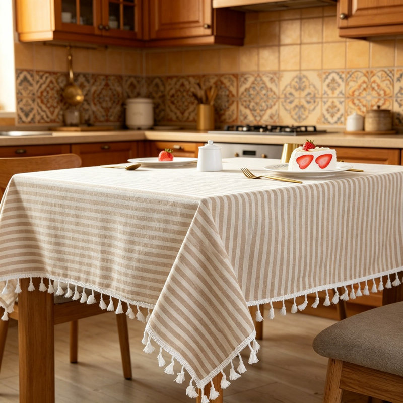 Striped Tassel Fringe Rectangular Cotton Tablecloth 140 x 180cm, Dust-Proof Decorative Table Cover For Kitchen & Dining Tabletop Decoration