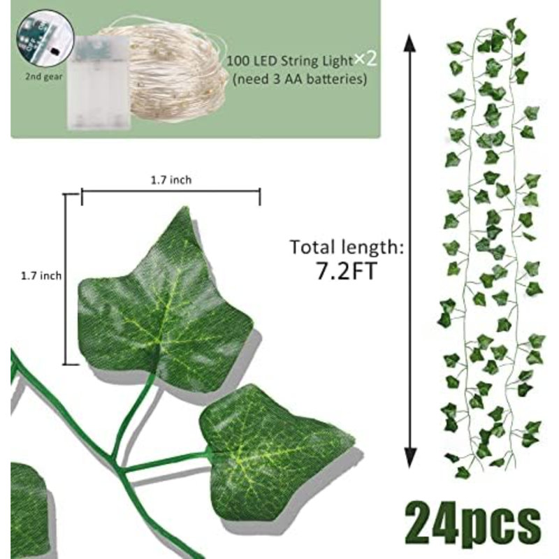 Ivy Fake Vines, paquet de 24, 173 pieds de vigne artificielle avec 200 guirlandes lumineuses à DEL, décoration murale, plantes, verdure, guirlande, plante suspendue pour salle de jardin, bureau de mariage, décorations de mariage