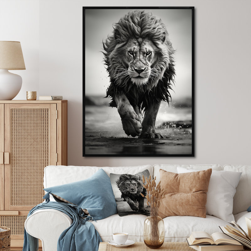Black And White Lion Running In Africa - Lion Large Wall Art, 44" H x 34" W, Black