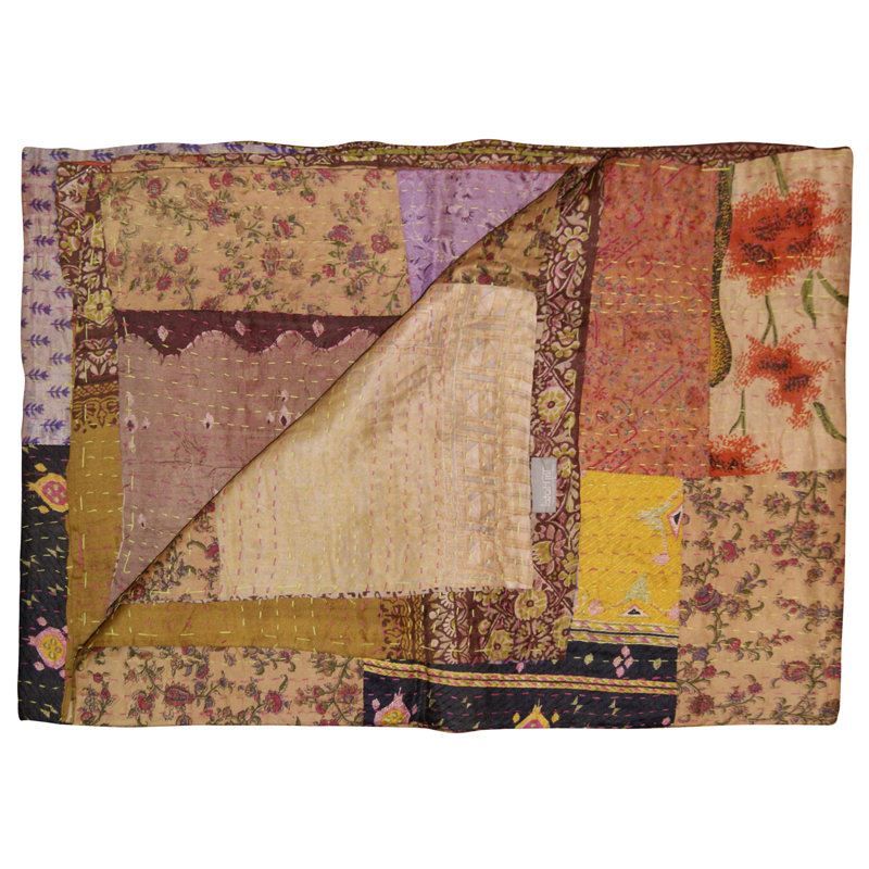Quilted Throw Blanket, Brown/Yellow/Pink