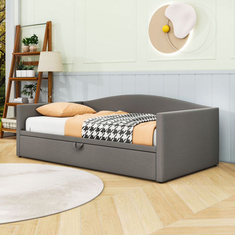 Twin Velvet Upholstered Daybed with Adjustable Pop-Up Trundle, Gray