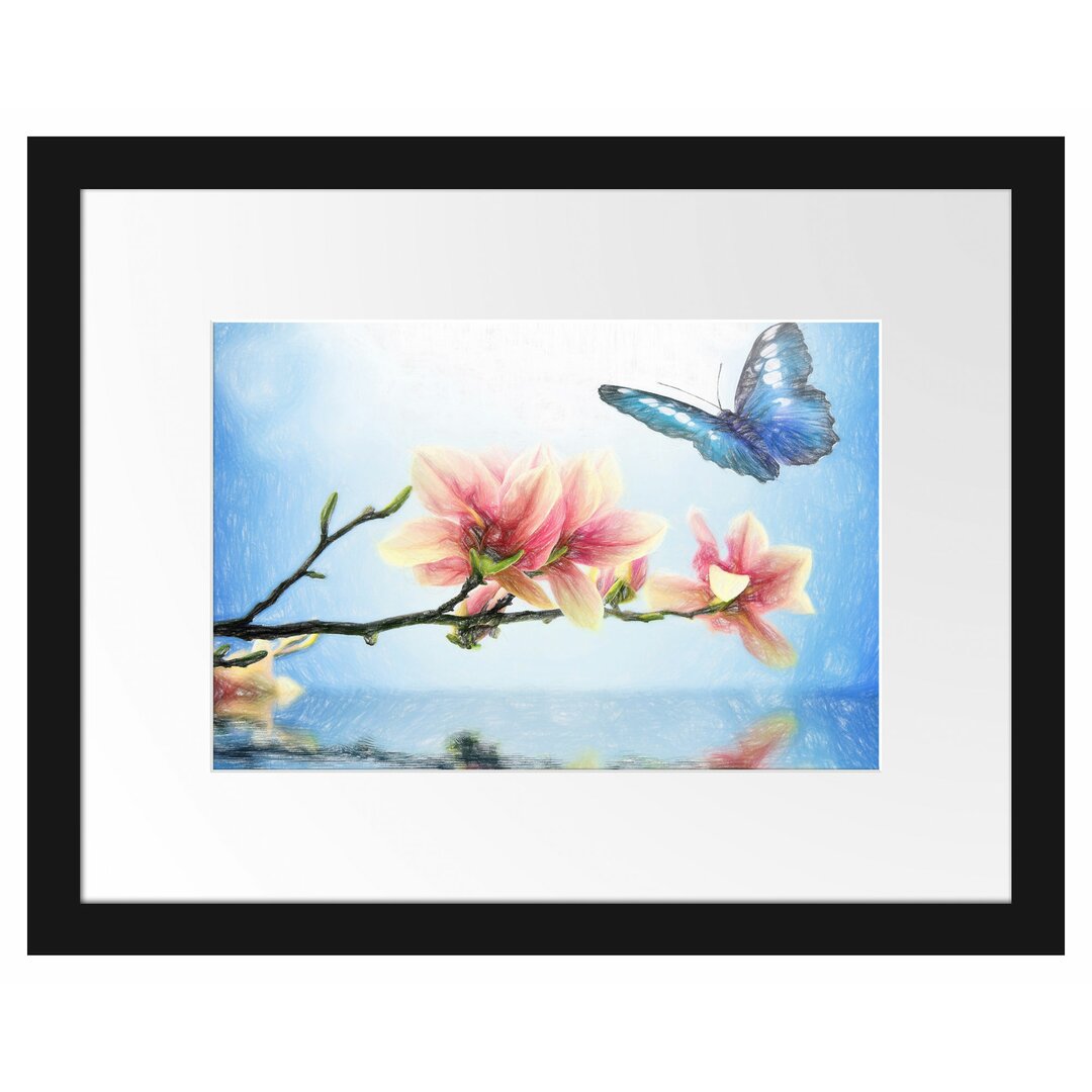 Gerahmtes Poster Schmetterling mit Magnolien-Blüte