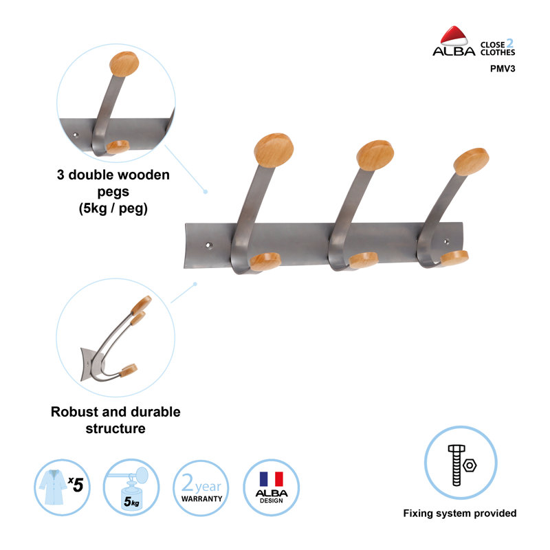 Steel and Wood Wall Mounted 3-Hook Coat Rack