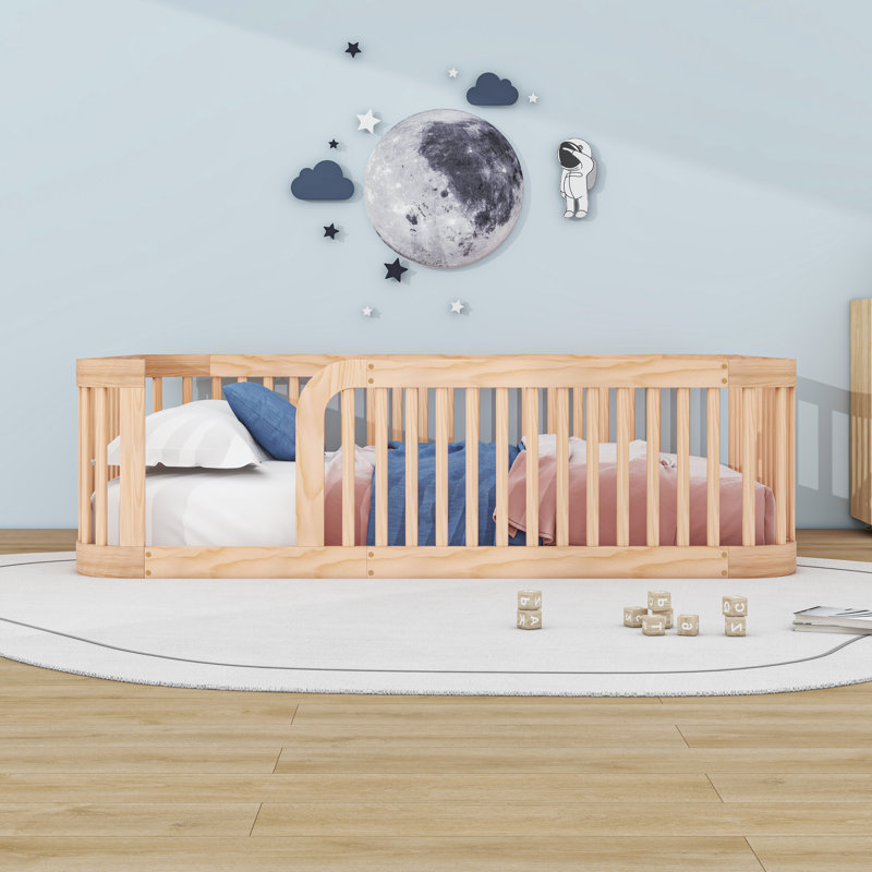 Structure de lit double en bois avec garde-corps, Naturel