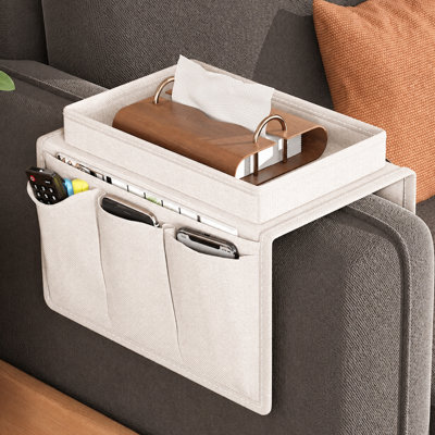 Beige 4-Pocket Sofa Armrest Organizer with Cup Holder, Non-Slip Fabric Armchair Caddy Couch Side Storage for Remote Control Phone Magazines