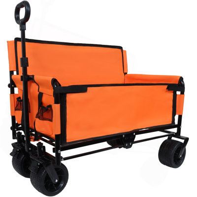 3-In-1 Convertible Folding Wagon Cart With Bench Seat & Storage - 500Lbs Heavy-Duty Utility Wagon, 180L Capacity All-Terrain Wheels For Camping, Beach, Sports, Garden, Orange