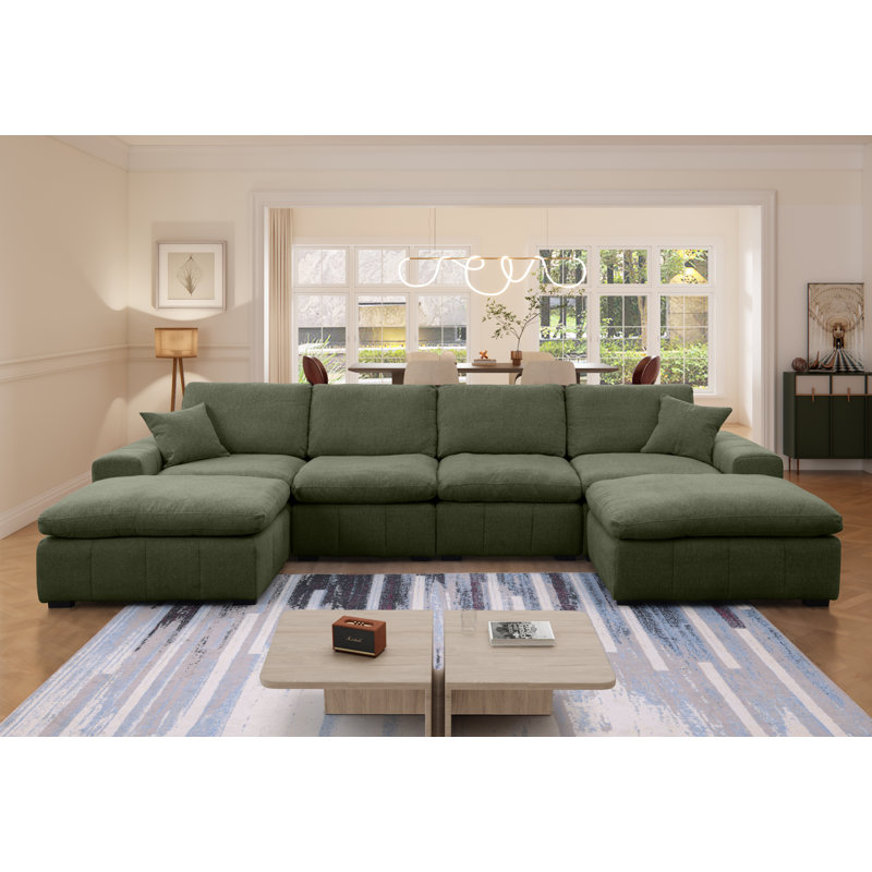 Upholstered Chenille Modular U-sectional Sofa With Two Oversized Ottomans, Dark Green Chenille