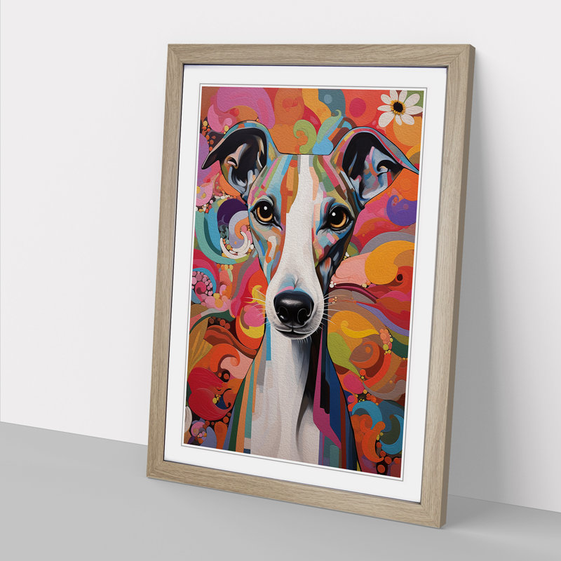 Whippet Modern Art - Framed Print, Oak Framed, 46cm H x 34cm W