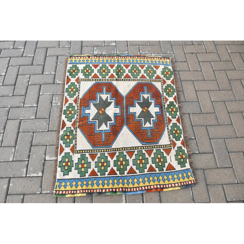 Petit tapis turc blanc Oushak rétro idéal pour une décoration murale ou en laine