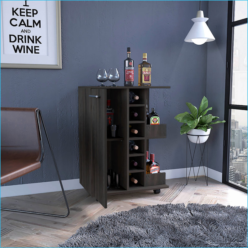 Chariot à café Bar, panneau de particules brun foncé avec rangement pour armoire, casier de 6 bouteilles, roues verrouillables | Panneau de particules | Brun foncé