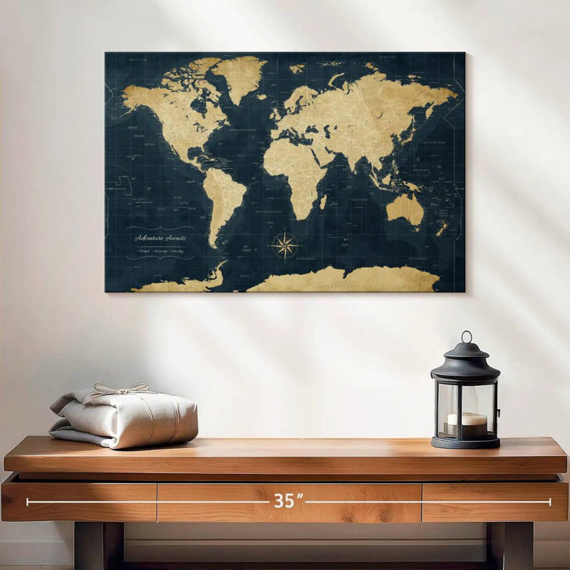 L'aventure attend le monde Amrico avec des punaises, 16" H x 24" W
