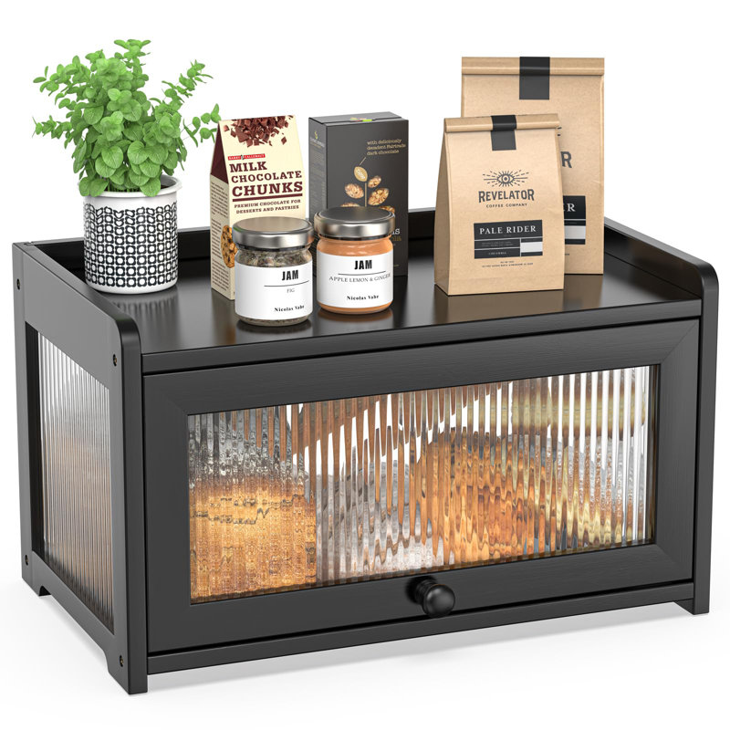 Boîte à pain de grande capacité avec 3 côtés de fenêtre ondulés et arrière transparents, porte-paniers à pain pour pain maison, noir