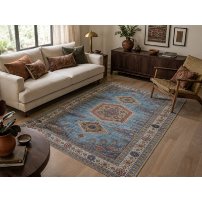 Avery Blue Moroccan Washable Indoor/Outdoor Round Area Rug