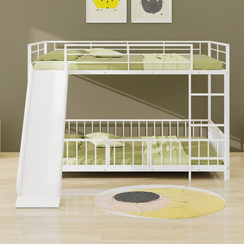 Metal Bunk Bed With Slide And Guardrails