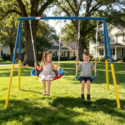 Heavy Duty Swing Set for Backyard, 330lbs Capacity Powder-Coated A-Frame Metal Swing Stand with 32" Saucer Seat & Belt Swing