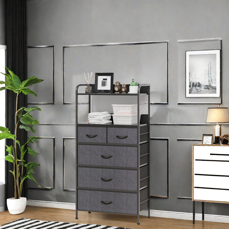 Commode 5 tiroirs pour chambre à coucher avec tablette, commode, grande commode de rangement en tissu pour le salon, Gris