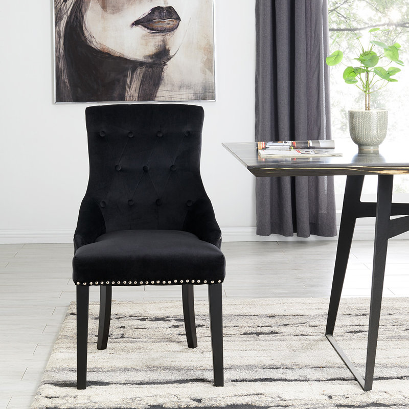 Conway 52cm H Tufted Velvet Upholstered Side Chair, Velvet Black, Black