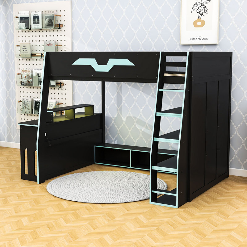 Lit mezzanine double en bois avec bureau intégré, éclairage RVB et rangement polyvalent, Bleu nuage