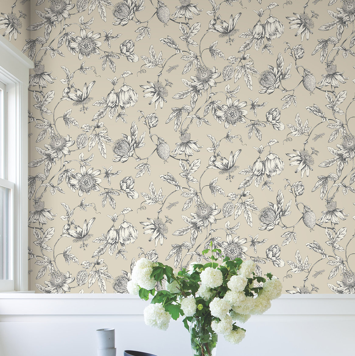 Passion Flower Toile Floral Wallpaper, Beige