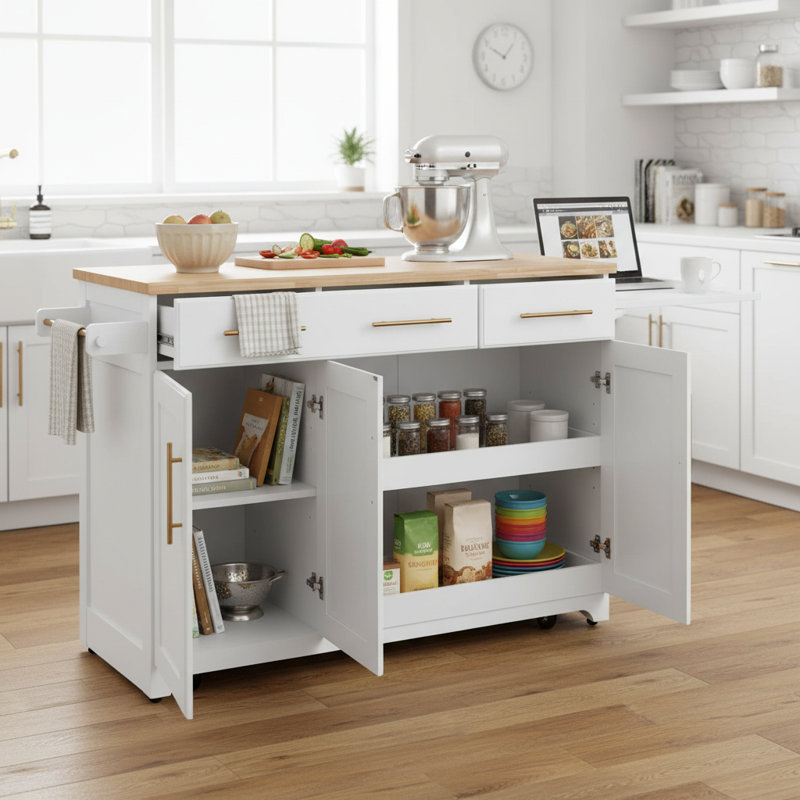 59.3" White Kitchen Island with Power Outlet & Drop Leaf, Rolling Kitchen Cart with Trash Can Storage & 2 Pull-Out Organizers, Rubber Wood Top Kitchen Island with Spice & Towel Racks