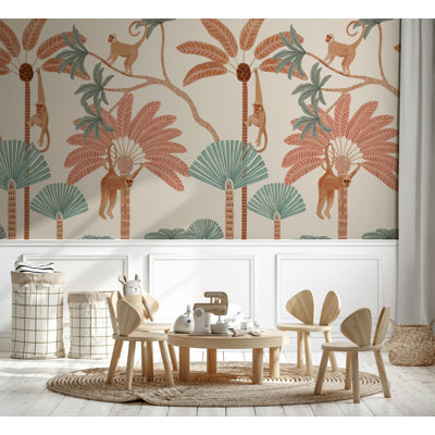 Papier peint vert jungle Playful Monkey Palm