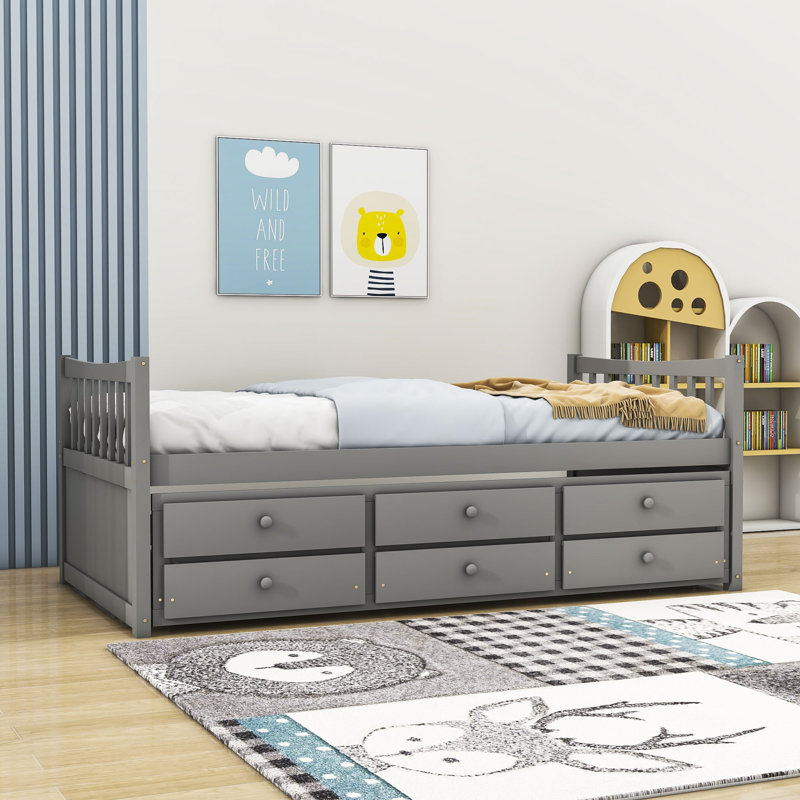 Twin Storage Platform Bed with Trundle and Drawers, Gray