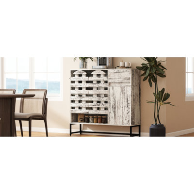 Console de bar rustique vintage de 113 cm avec portes et tiroir pour salon, cuisine - Meuble de rangement pour ustensiles de cuisine, étagères ouvertes pour chambre, blanc vieilli, grande durabilité