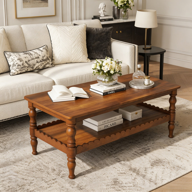 Rectangle Solid Wood Coffee Table with Storage Shelf