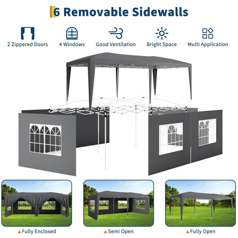 10x20 Heavy Duty Pop Up Canopy Tent with 6 Removable Sidewalls, Easy Up Commercial Canopy Tents for Parties, Large Outdoor Canopies with 3 Adjustable Heights, Stakes X18, Ropes X6