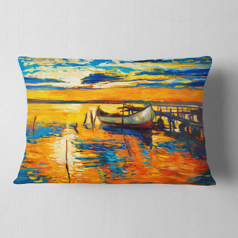 Coussin lombaire paysage bateau et jetée au coucher du soleil, 12 po x 20 po, Rectangulaire