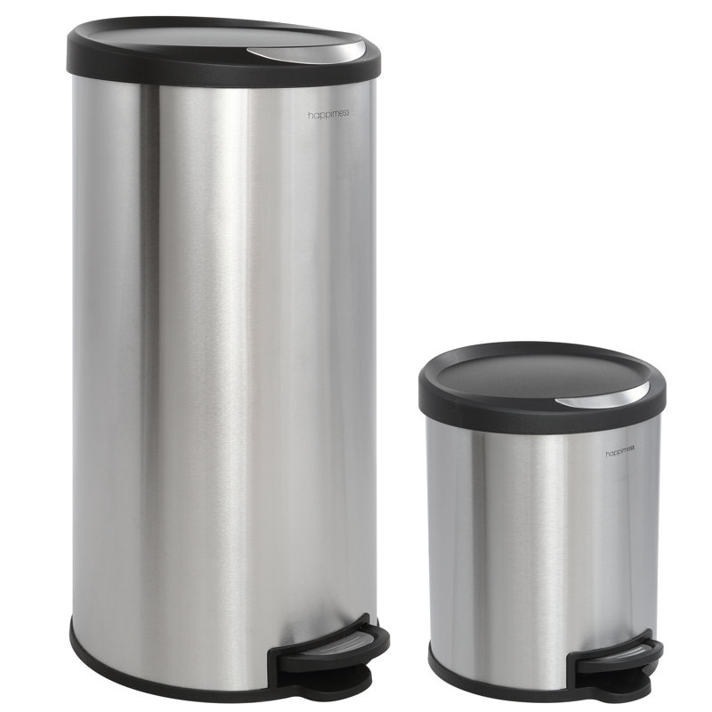 Oscar Stainless Steel Cylinder Step Trash Can Set with Black Lid