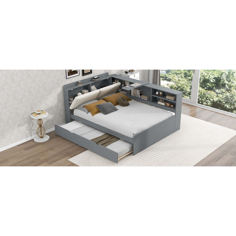 Lit plateforme en bois avec lit gigogne, tablettes et tête de lit, gris, Double