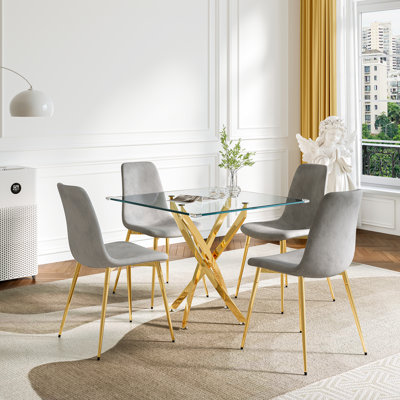 Square Glass Dining Table Set for 4, 36" Tempered Glass Top and 4 Velvet Upholstered Dining Chairs