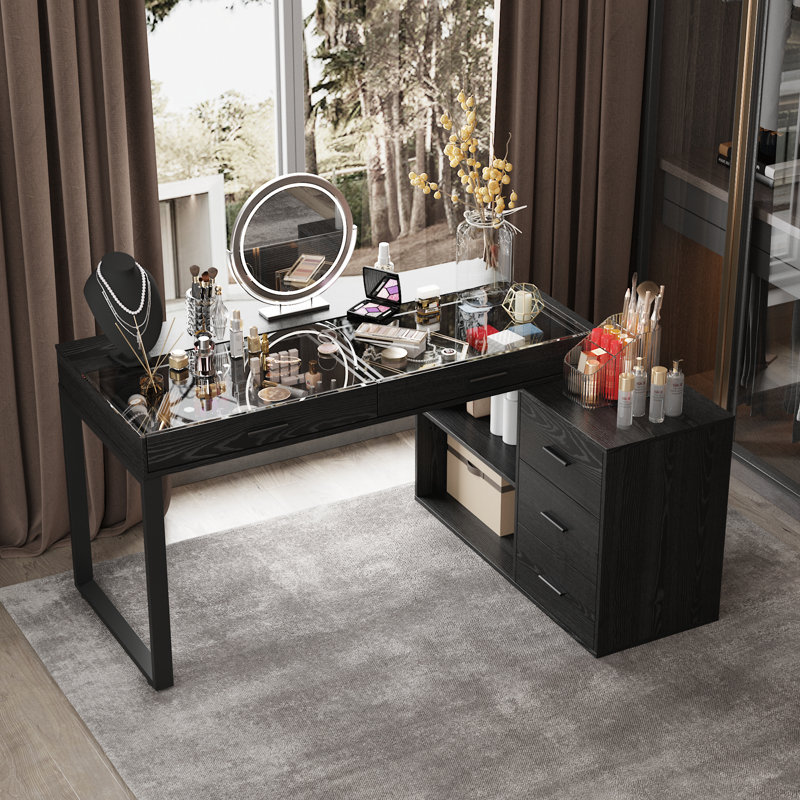 Makeup Vanity Table With Extendable Side Cabinet