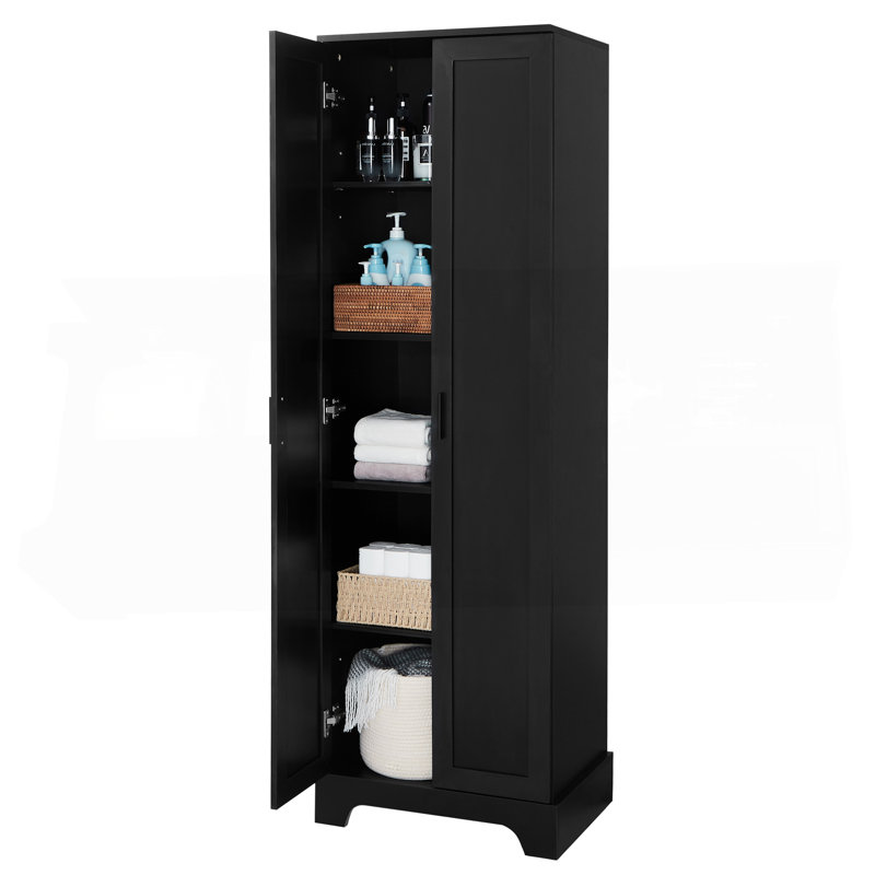 Armoire de rangement avec deux portes pour salle de bain, bureau, tablette réglable, panneau de fibres à densité moyenne, noir