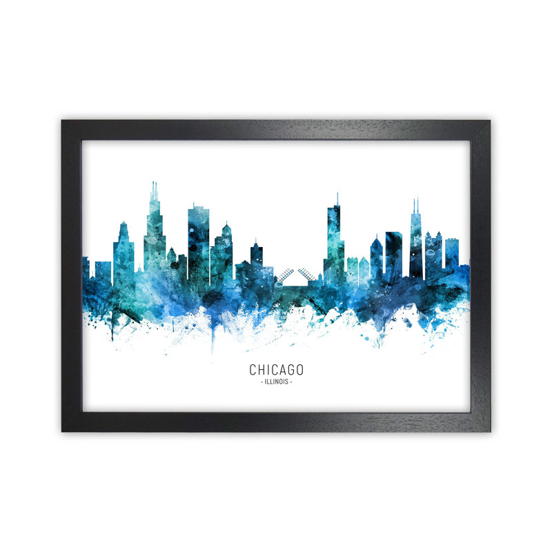 Chicago Illinois Skyline Blue City Name by Michael Tompsett - Print, 25cm H x 34cm W x 3cm D, Black Framed