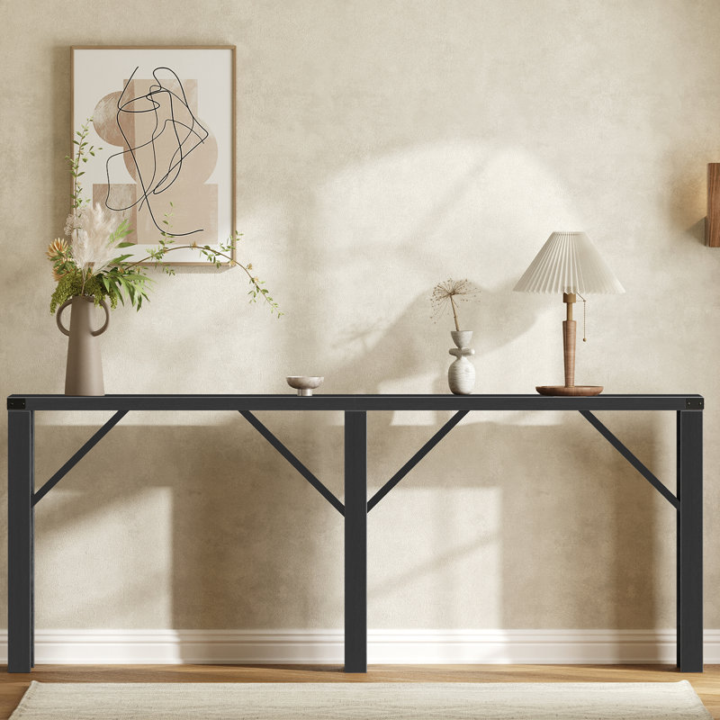 Extra Long Console Table Farmhouse Behind Couch Sofa Partner, Industrial Style with Metal Accents and Triangular Supports