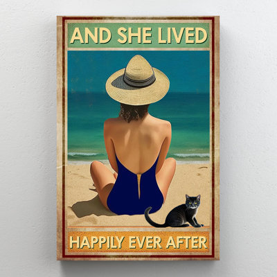 " Beach and She Lived Happily - 1 Piece Rectangle Graphic Art Print on Wrapped Canvas " Graphic Art Print