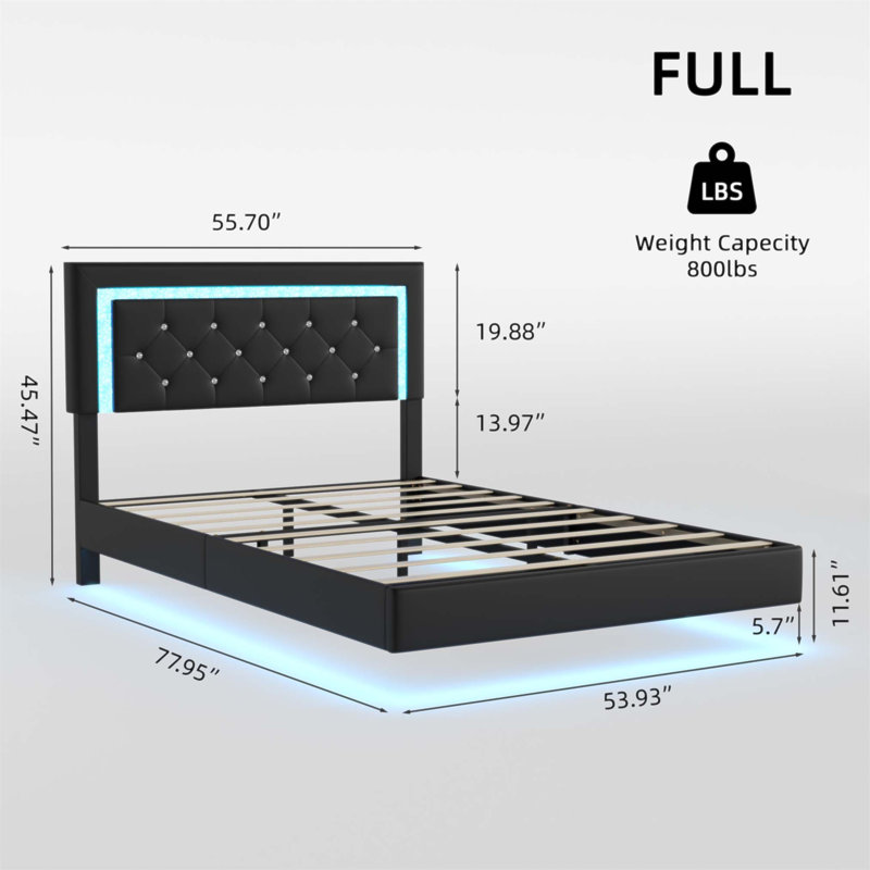 Upholstered Bed Frame With Diamond Tufted Headboard And RGB LED Lights, No Box Spring Required, Noir, Lit double