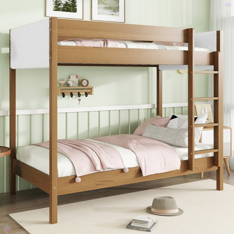 Twin Over Twin Bunk Bed, Upholstered Bunk Bed Frame With Ladder, Safety Guardrails,Rubber Wooden,Teddy Fleece Fabric Headboard/Footboard