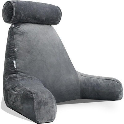 Extra Large Reading Pillow For Adults (Bed) - Backrest With Arms, Detachable Neck Cushion, Side Pocket & Shredded Foam, Washable Cover