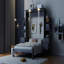 Grand lit escamotable mural avec tablettes, tiroirs et lumières, gris-921057989