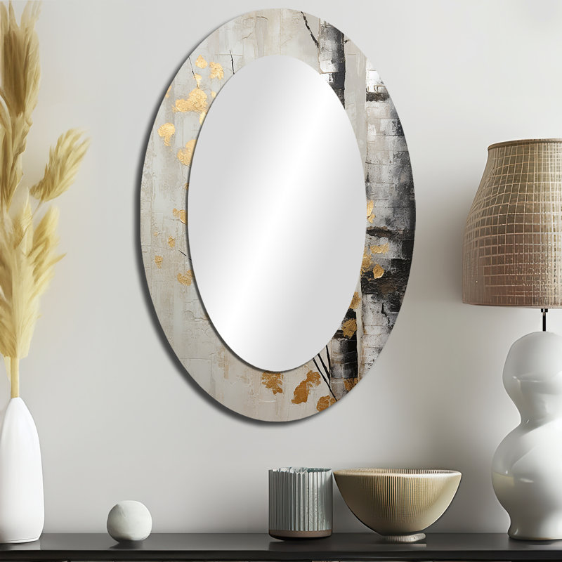 Tree Whispers Of Grey And Gold - Traditional Oval Wall Mirror, 36" x 24"