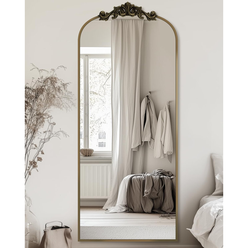 Arched Full Length Mirror, 64"x21" Floor Mirror Freestanding with Carved Metal Frame & Bottom Art Carved, Full Body Mirror for HomeDecor, Standing/Halling Large Wall Mirror for Bedroom, Bronze