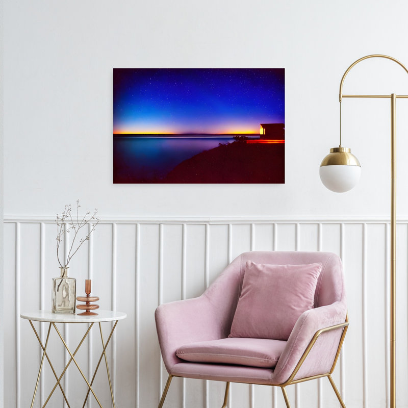 Tableau mural « Cabane sous les étoiles » : Paysage côtier coloré, paisible et serein, H 24 po x l 36 po