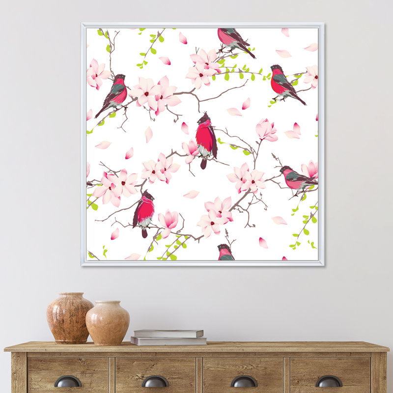 Red Bullfinches on Magnolia Tree - impression sur toile, H 36 po x l 36 po x P 1,5 po, Cadre blanc