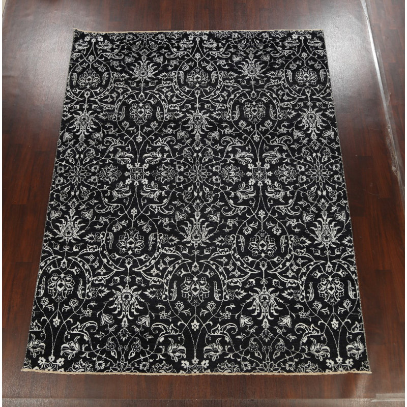 Tapis noir noué à la main de conception unique 7 pi 11 po x 10 pi 4 po New Age