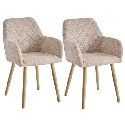 Modern Upholstered Dining Chairs With Arms, Linen Fabric Accent Chairs With Diamond Quilted Back And Wood Legs