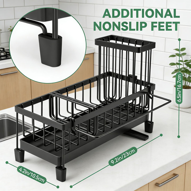 Organisateur de chariot d'évier en acier inoxydable avec drainage rotatif, grand porte-brosse et support à linge amovible pour comptoir de cuisine
