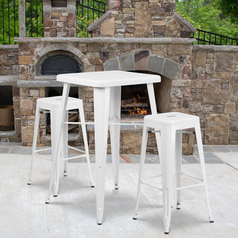 Gyeong 23.75'' Square Metal Indoor-Outdoor Bar Table Set with 2 Square Seat Stools, White